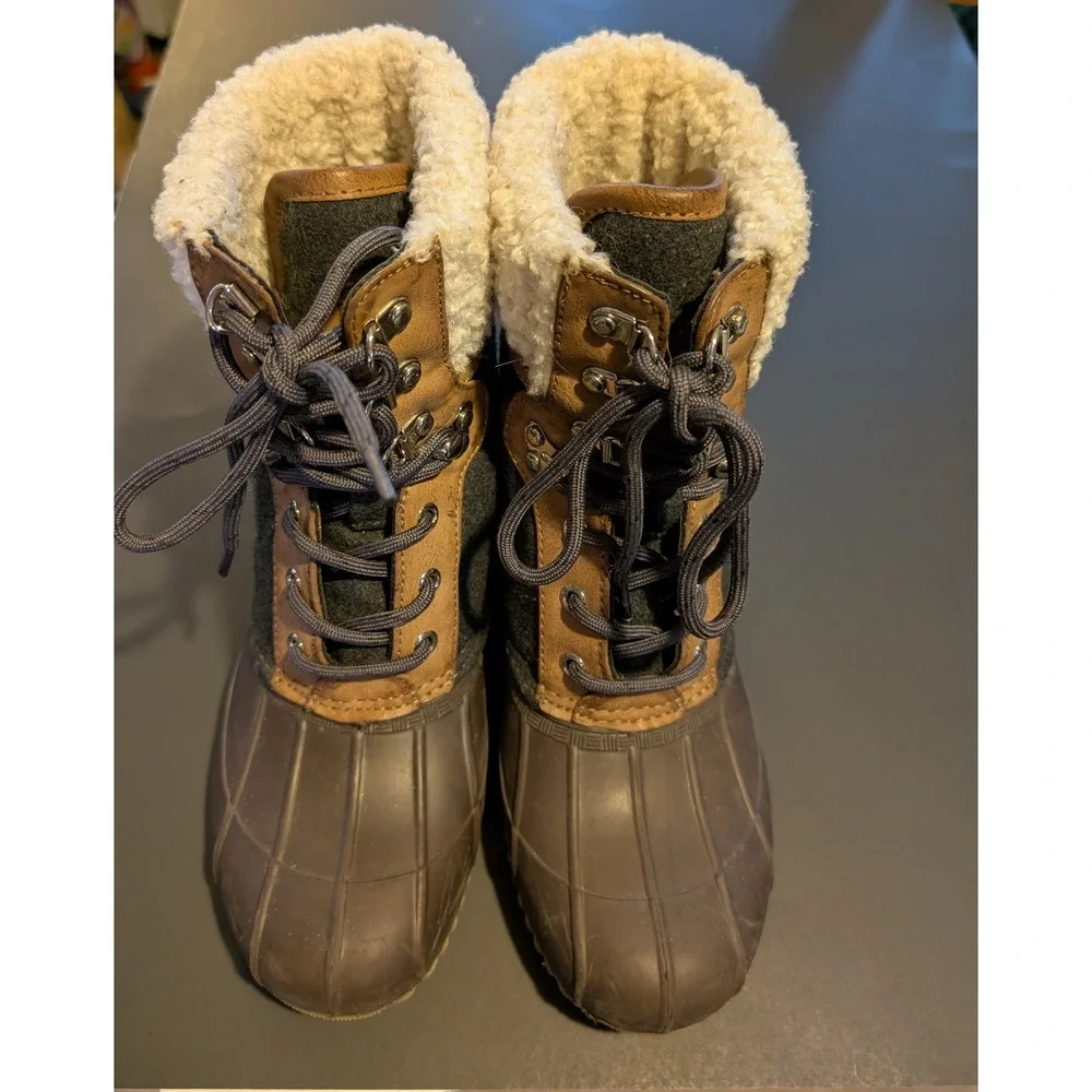 Tommy Hilfiger TWRIAN2 Duck Boots Faux Fur Trim Winter Snow Brown Grey Size 8M